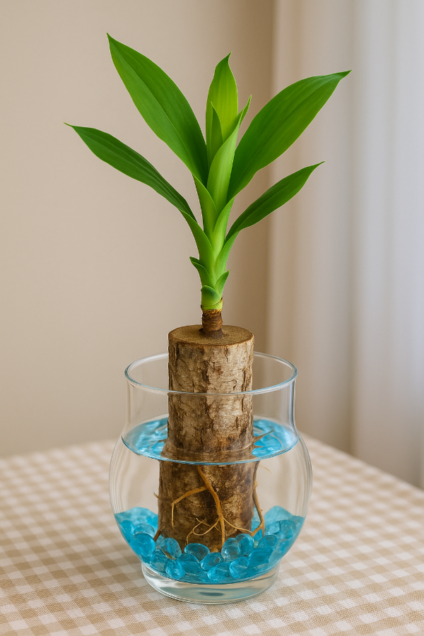 투명한 유리병에 행운목 수경 재배하는 모습