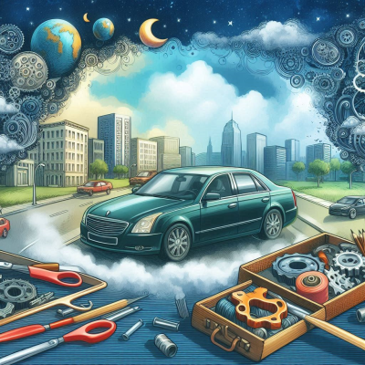 기계 부품과 도시 배경 속에서 떠오르는 자동차의 모습