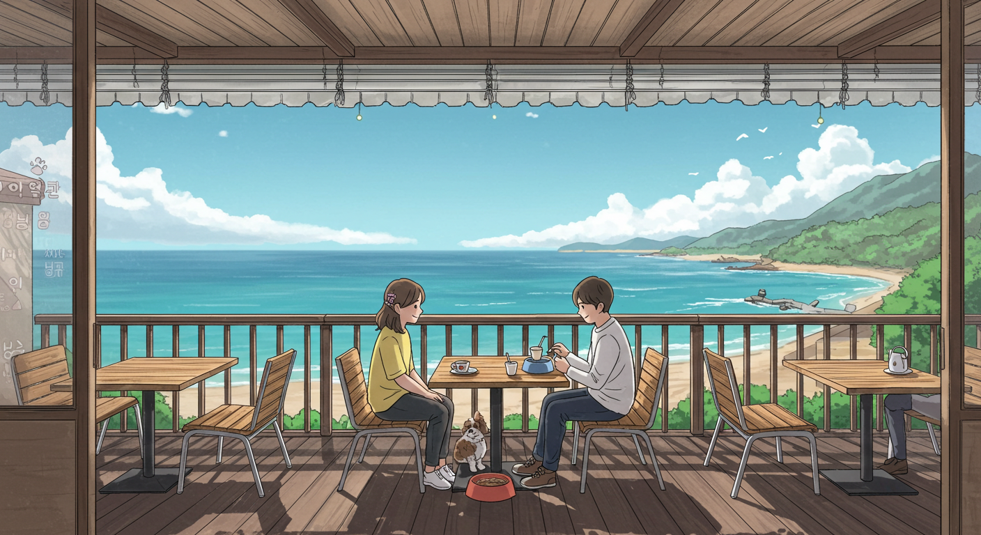 바다를 배경으로 반려견과 함께 브런치를 즐기는 기장 오션뷰 카페 모습