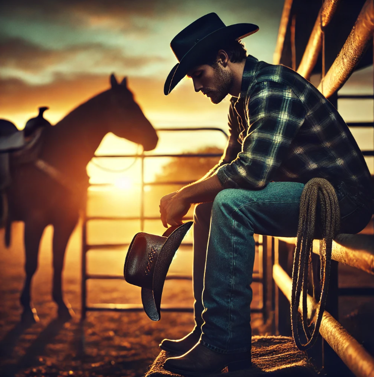 석양 아래 앉아있는 카우보이와 말