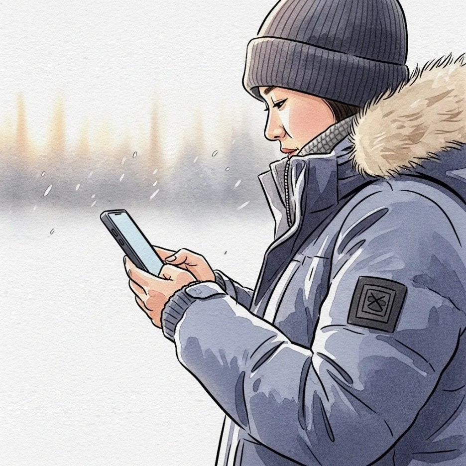 따뜻한 옷차림으로 행사 정보를 확인하는 방문객