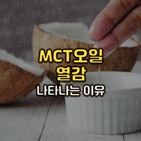 코코넛 과일과 코코넛 오일이 있는 사진위에 MCT오일 열감 나타나는 이유 라는 글씨가 써있음