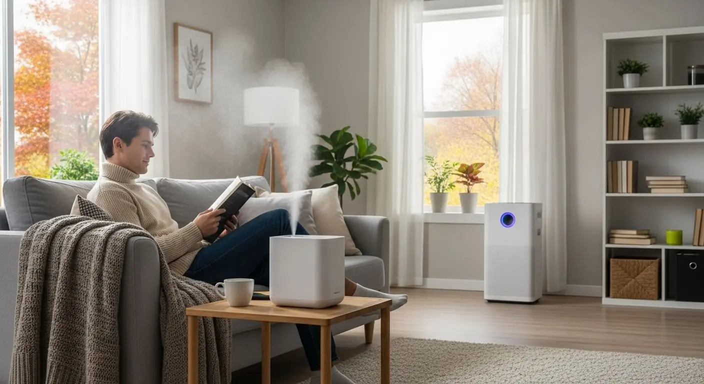 가습기와 공기청정기가 작동하는 쾌적한 실내에서 독서를 하며 편안하게 휴식하는 사람의 모습, 비염 관리를 위한 환경 조성의 중요성을 나타냅니다.