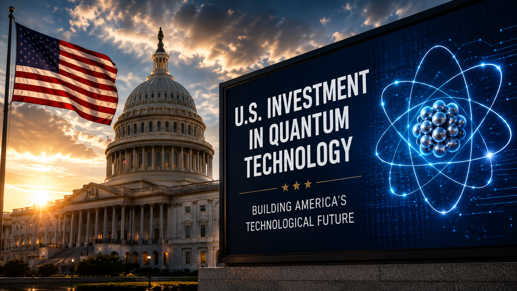 US Capitol building and American flag representing government investment in quantum computing technology