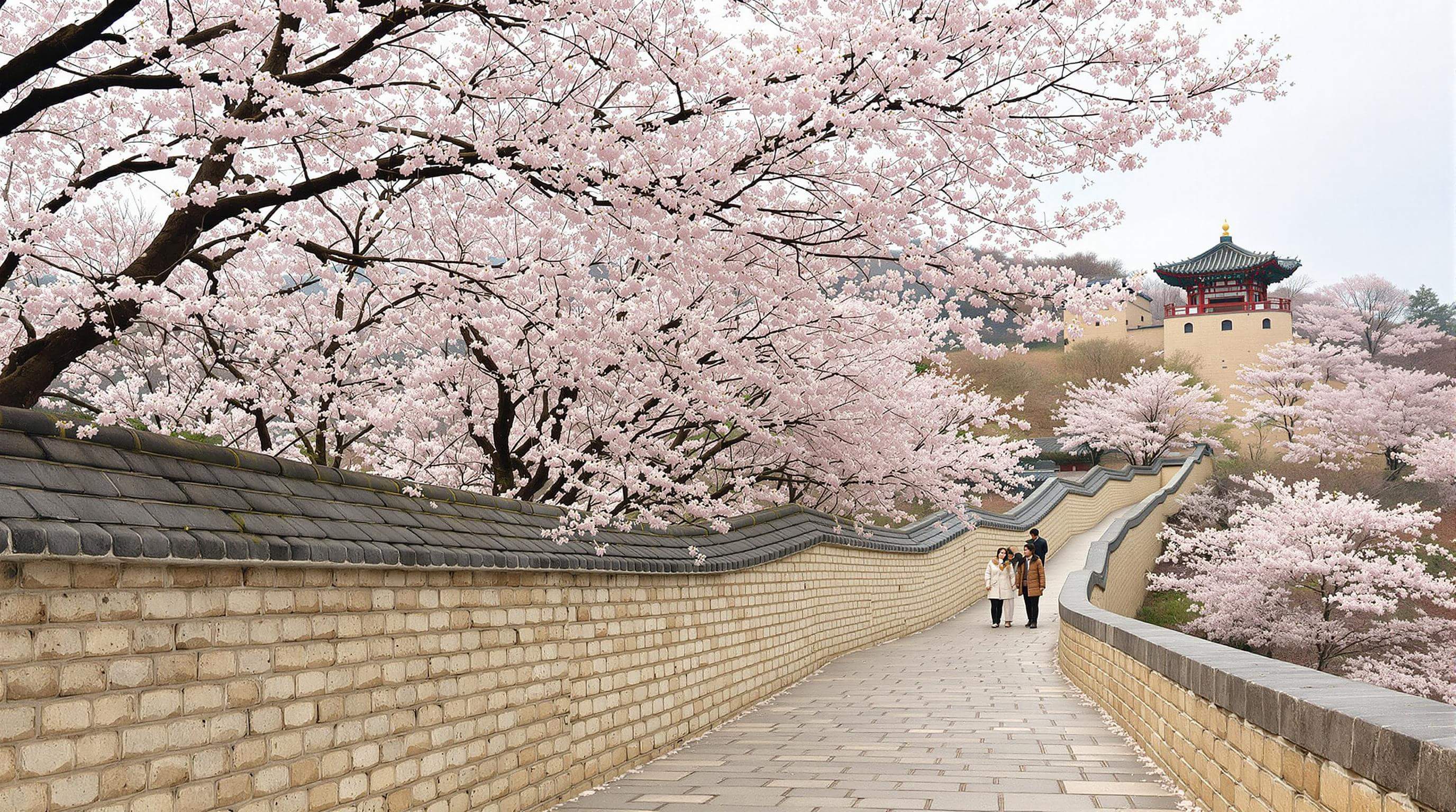 Ancient fortress walls of Namhansanseong with cherry blossoms, couples walking along the stone path, traditional Korean architecture, peaceful spring atmosphere