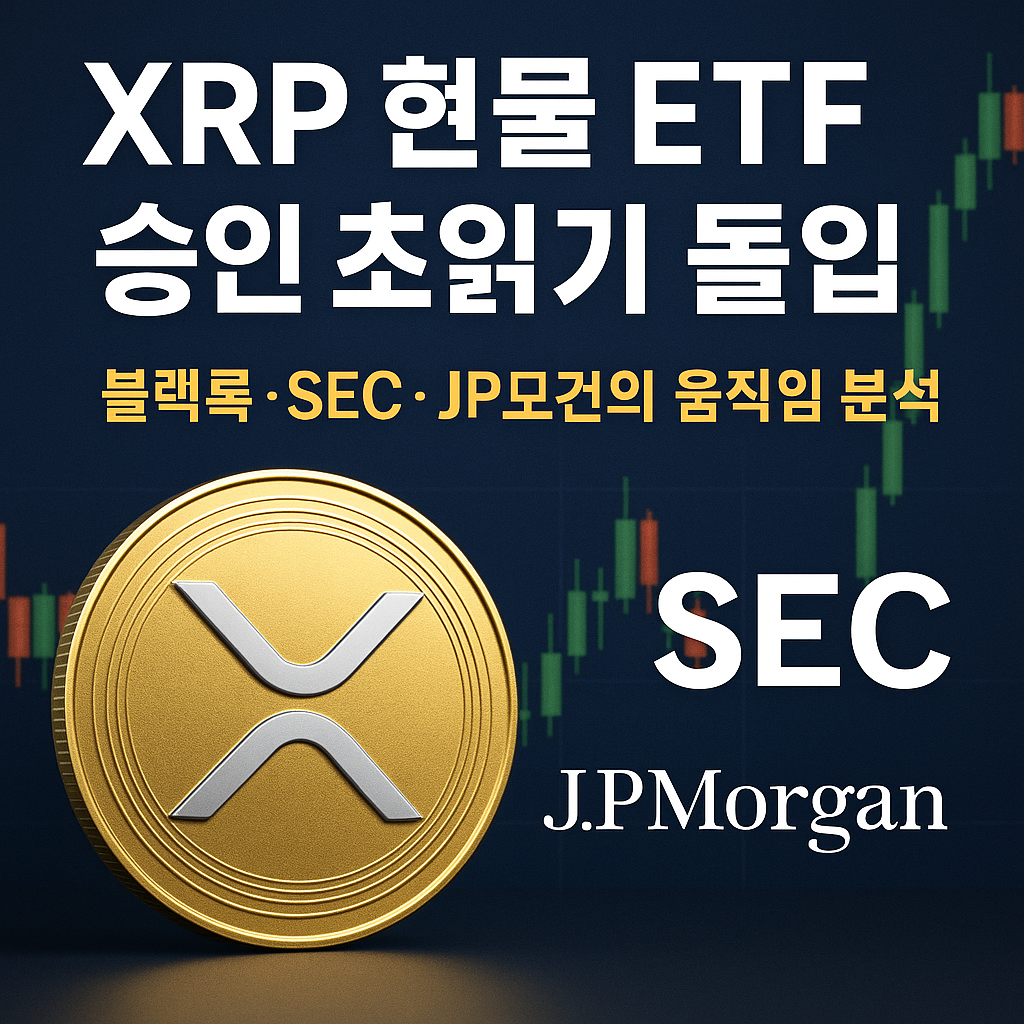 XRP 현물 ETF 승인 초읽기 돌입을 알리는 썸네일 이미지, 금색 XRP 코인과 SEC 및 JP모건 로고, 캔들차트 배경