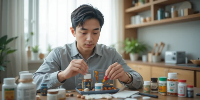 책상에서 졸린 표정의 학생 옆에 놓인 nk세포 영양제
