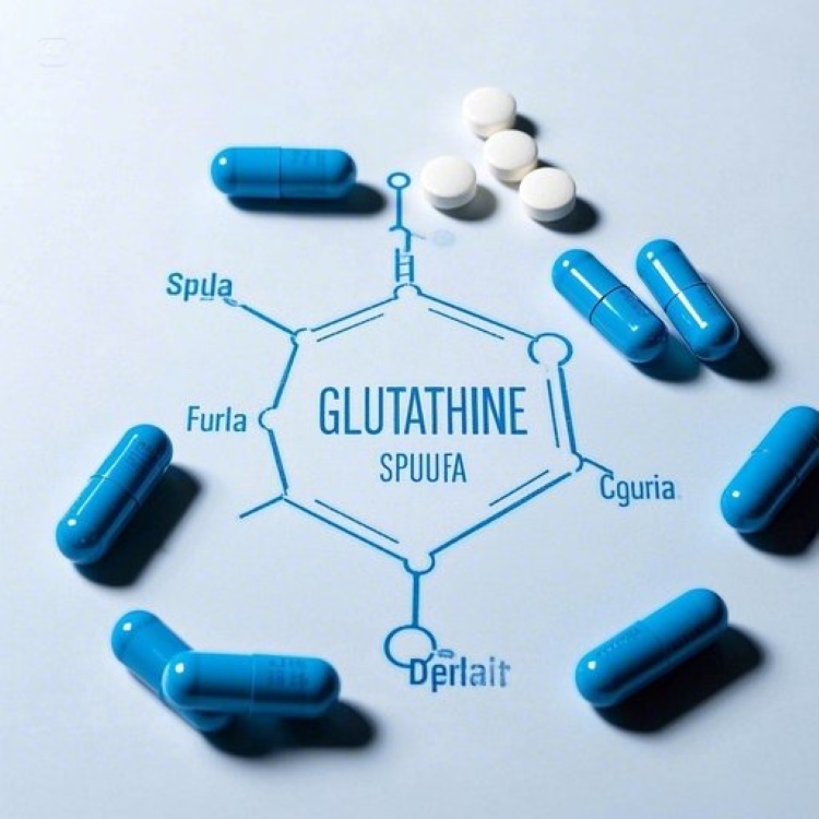 깔끔한 흰색 배경에 다양한 형태의 글루타치온 영양제들(캡슐, 정제, 설하정)이 정돈되게 배치되어 있고, 중앙에는 글루타치온의 분자 구조도가 은은하게 표현된 이미지. 전체적으로 청결하고 전문적인 느낌의 의료/건강 관련 이미지