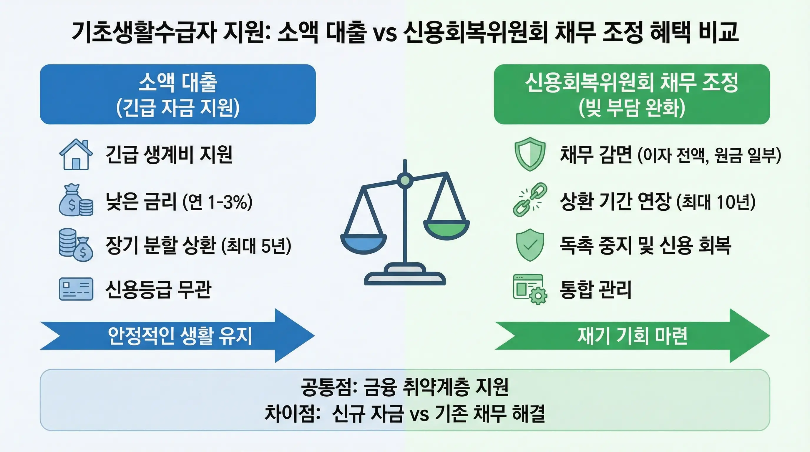 기초생활수급자를 위한 소액 대출과 신용회복위원회 채무 조정 제도의 혜택을 비교하는 인포그래픽