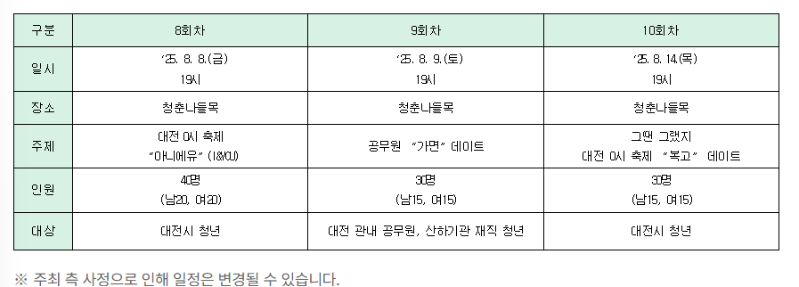 대전시 청년만남지원사업 행사 일정표