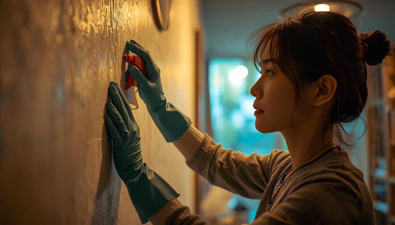 벽지 시공 전 곰팡이 제거제를 사용해 벽면을 청소하는 모습