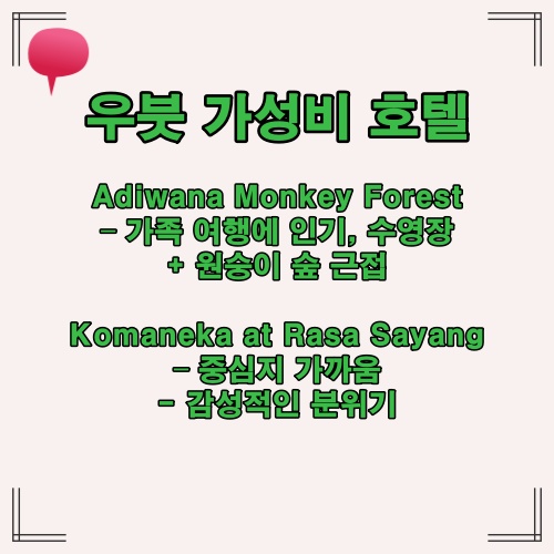 우붓 지역의 가성비 좋은 호텔 2곳을 추천하는 정보성 이미지입니다.