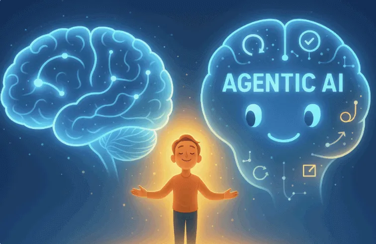 &lsquo;AGENTIC AI&rsquo;라는 문구가 포함된 대표 이미지. 이 이미지는 인간의 사고를 시각화한 뇌와, 이를 보조하는 Agentic AI 뇌가 함께 등장하며, 자율 에이전트 AI가 인간의 사고 구조를 확장하는 존재임을 상징적으로 표현함 (Agentic AI, AI brain support, main visual)