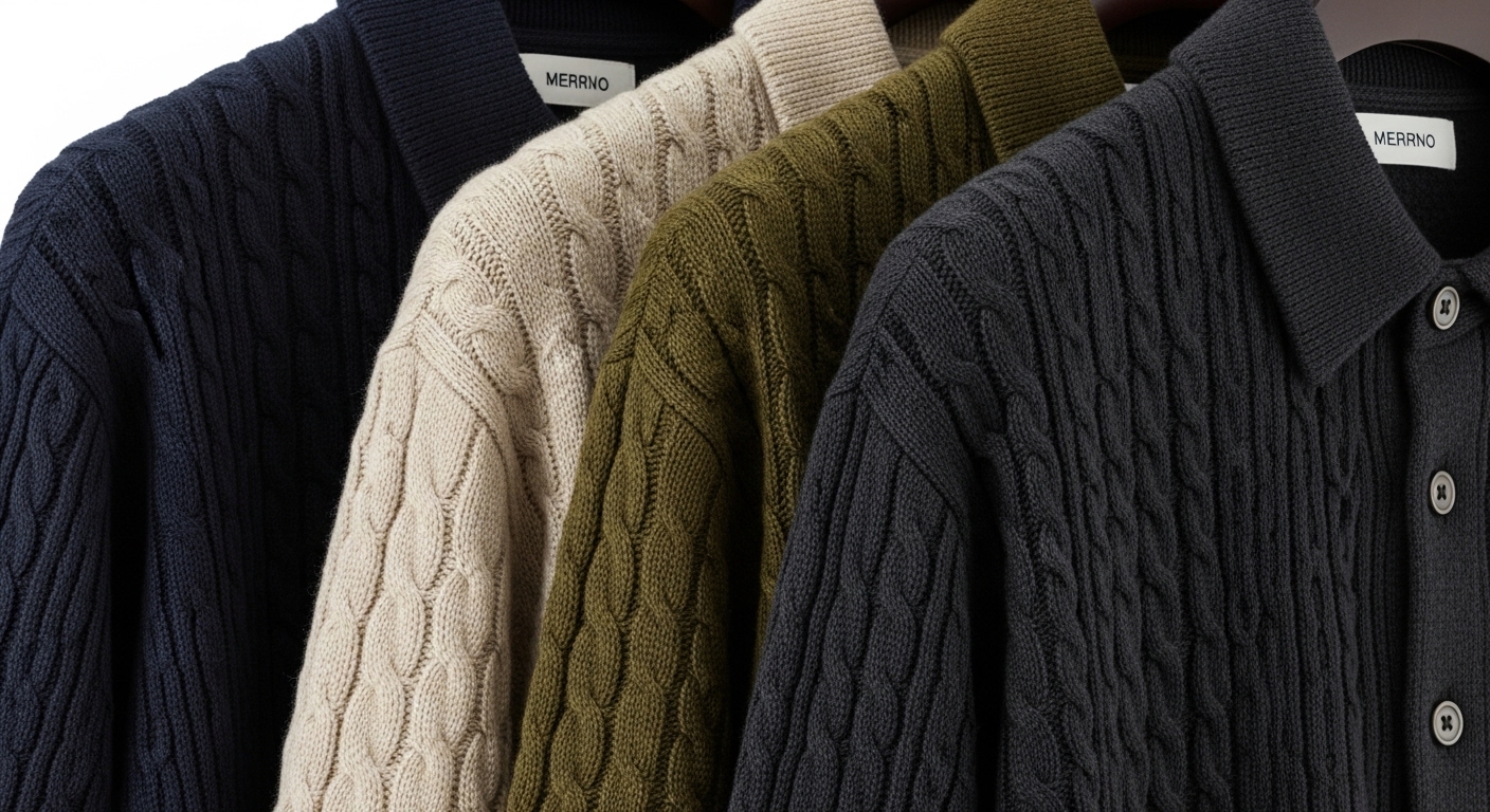 다양한 색상과 질감의 고급스러운 버튼업 니트 셔츠들이 정갈하게 정리되어 있는 모습. 니트의 섬세한 짜임과 단추 디테일이 강조되어 있다.