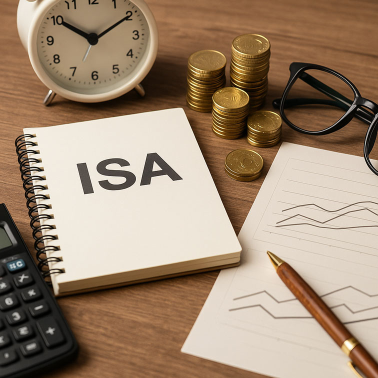 ISA 계좌 투자와 절세를 상징하는 노트와 동전, 그래프 자료, 계산기와 안경이 놓인 책상 위 장면