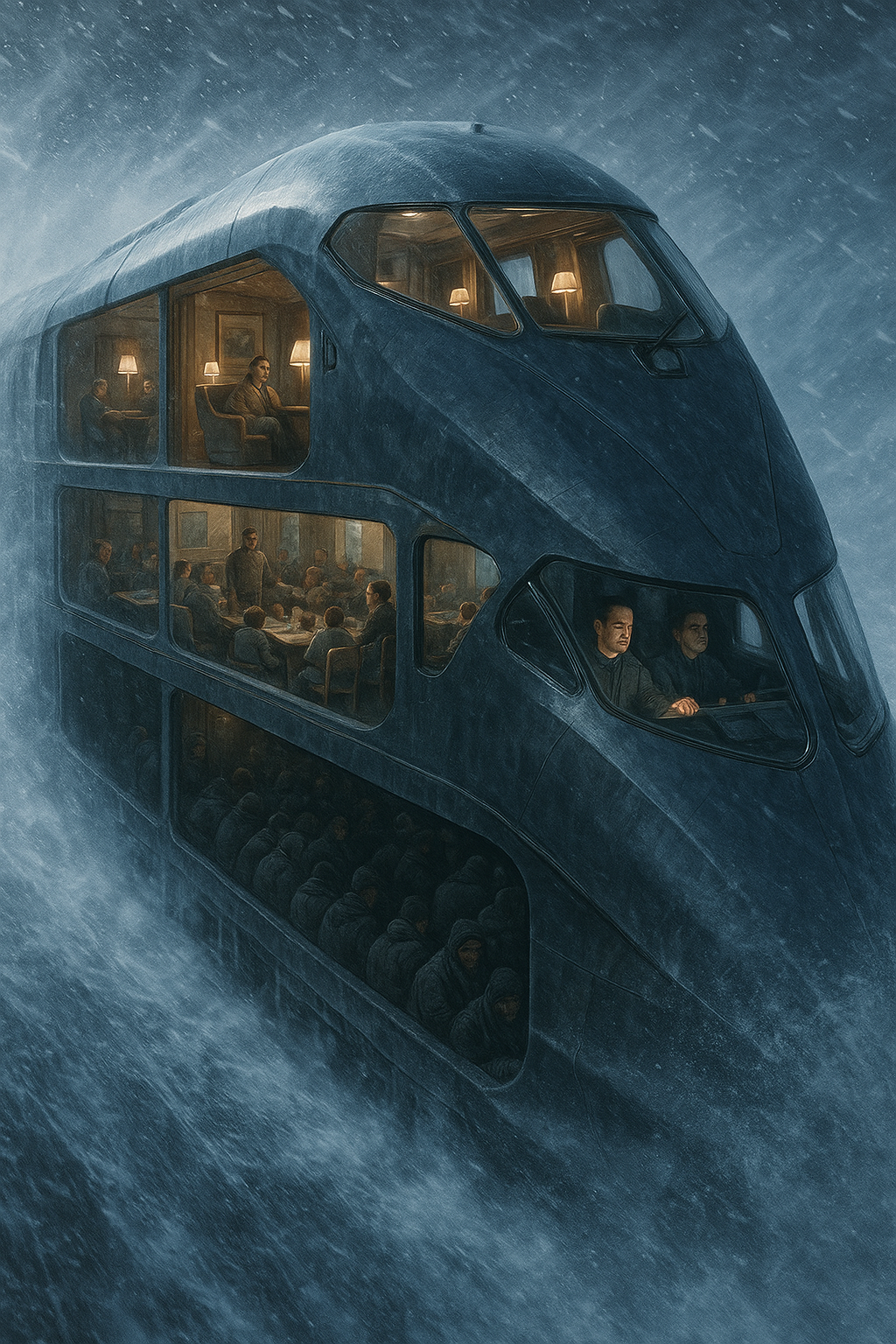 극한의 눈보라 속을 달리는 미래적인 열차. 열차 내부가 계급별 공간이 구분되어 있는 이미지