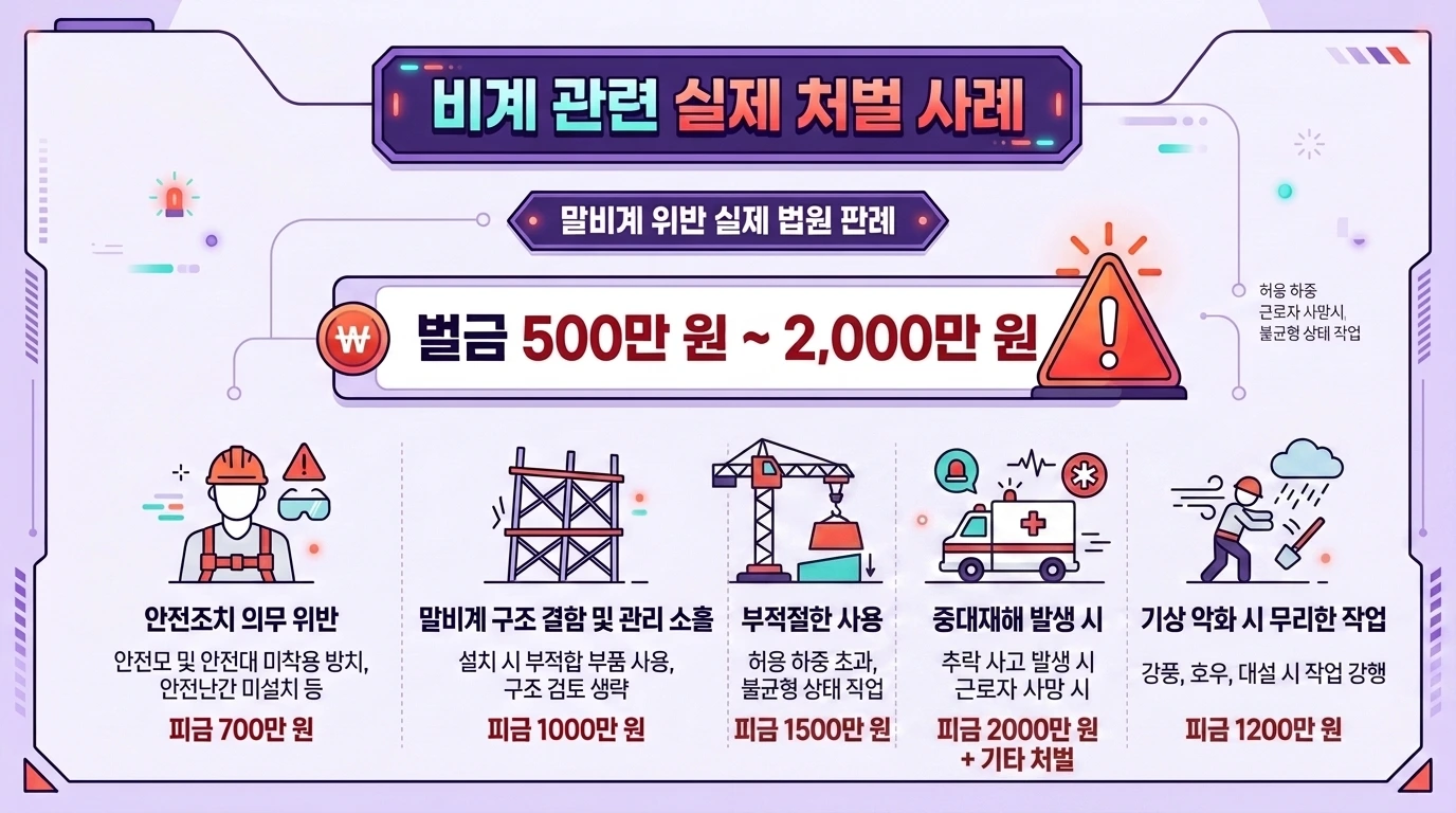 비계 관련 실제 처벌 사례(벌금 500만원~2,000만원)를 보여주는 경고 인포그래픽