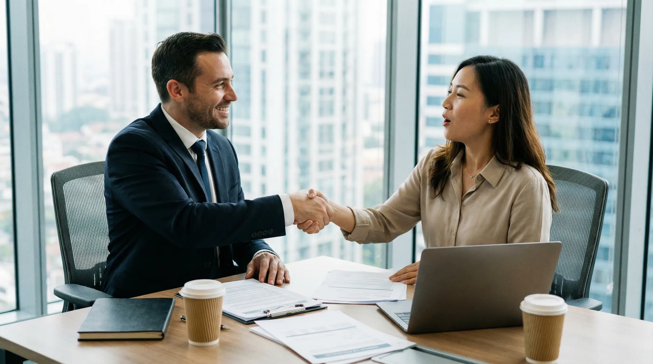 세무 전문가와 상담하며 절세 전략을 확정하고 안도하며 악수하는 모습