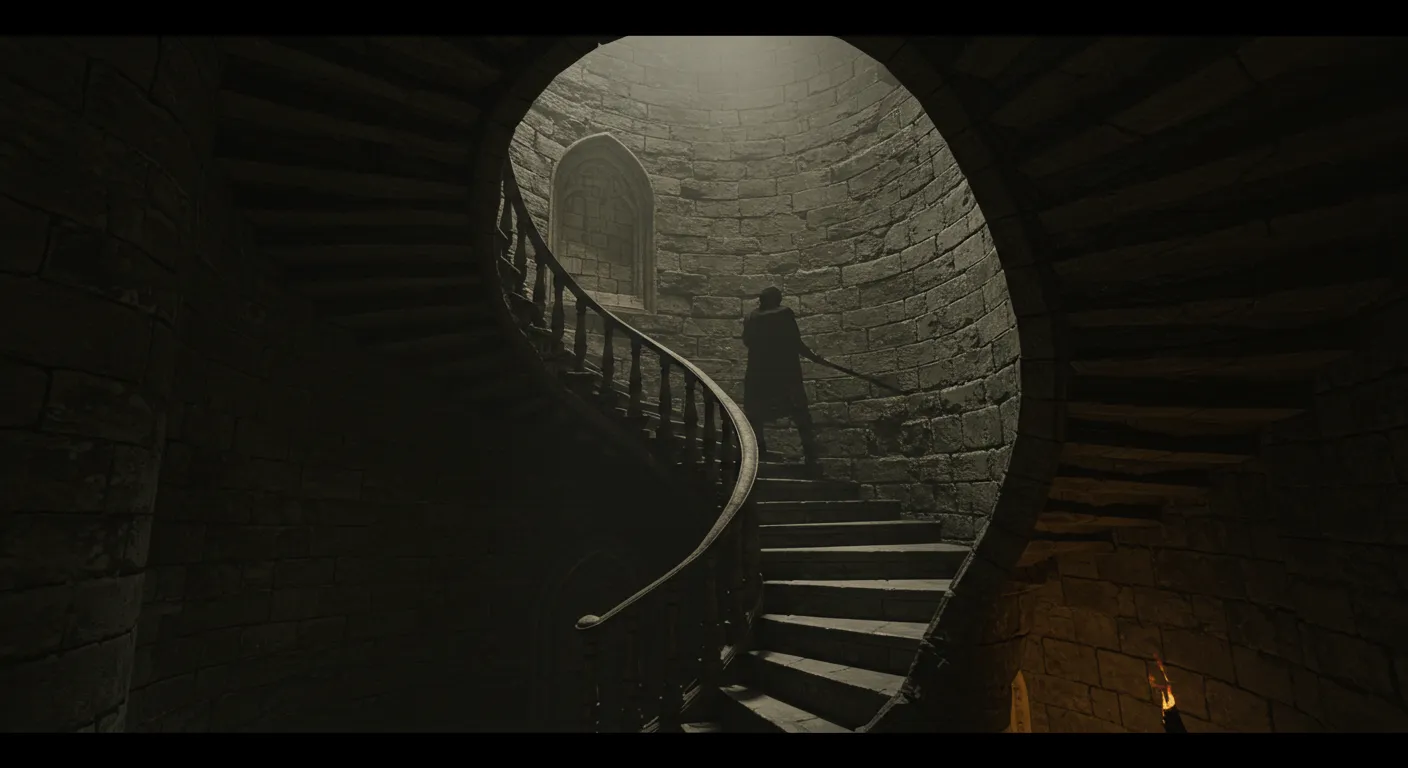 어둡고 좁은 중세 성의 돌로 된 나선형 계단을 아래에서 위로 올려다보는 구도의 사실적인 이미지