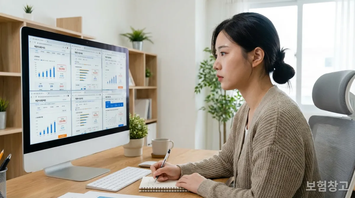 자동차보험 비교 사이트를 활용하여 최적의 보험사를 선택하는 한국 여성