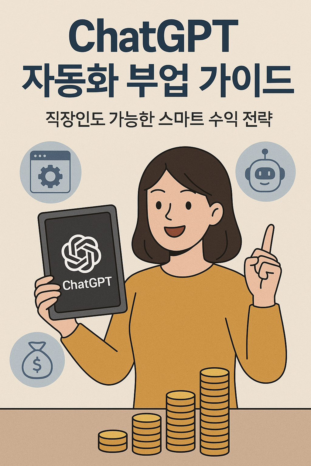 ChatGPT를 활용한 자동화 부업을 소개하는 일러스트|AI, 자동화, 재택 수익, 콘텐츠 제작을 상징하는 아이콘과 캐릭터