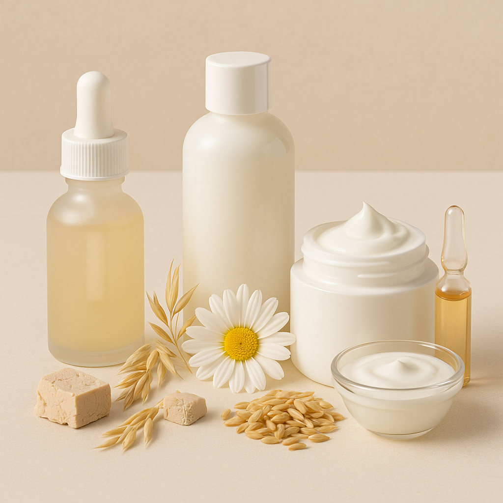 발효성분이 들어간 스킨케어 제품들과 곡물, 꽃, 요거트가 같이 진열되어 있는 이미지