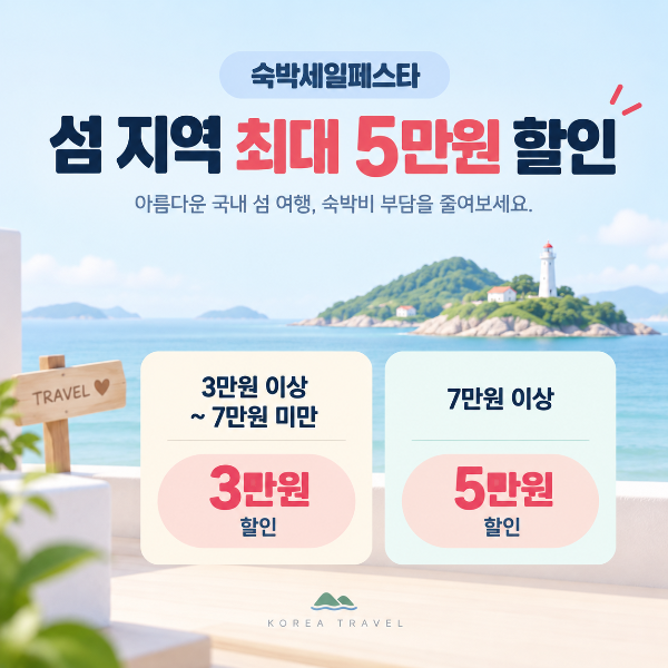숙박세일페스타 섬 지역편 숙박상품 가격에 따른 3만원 또는 최대 5만원 할인조건을 안내하는 이미지