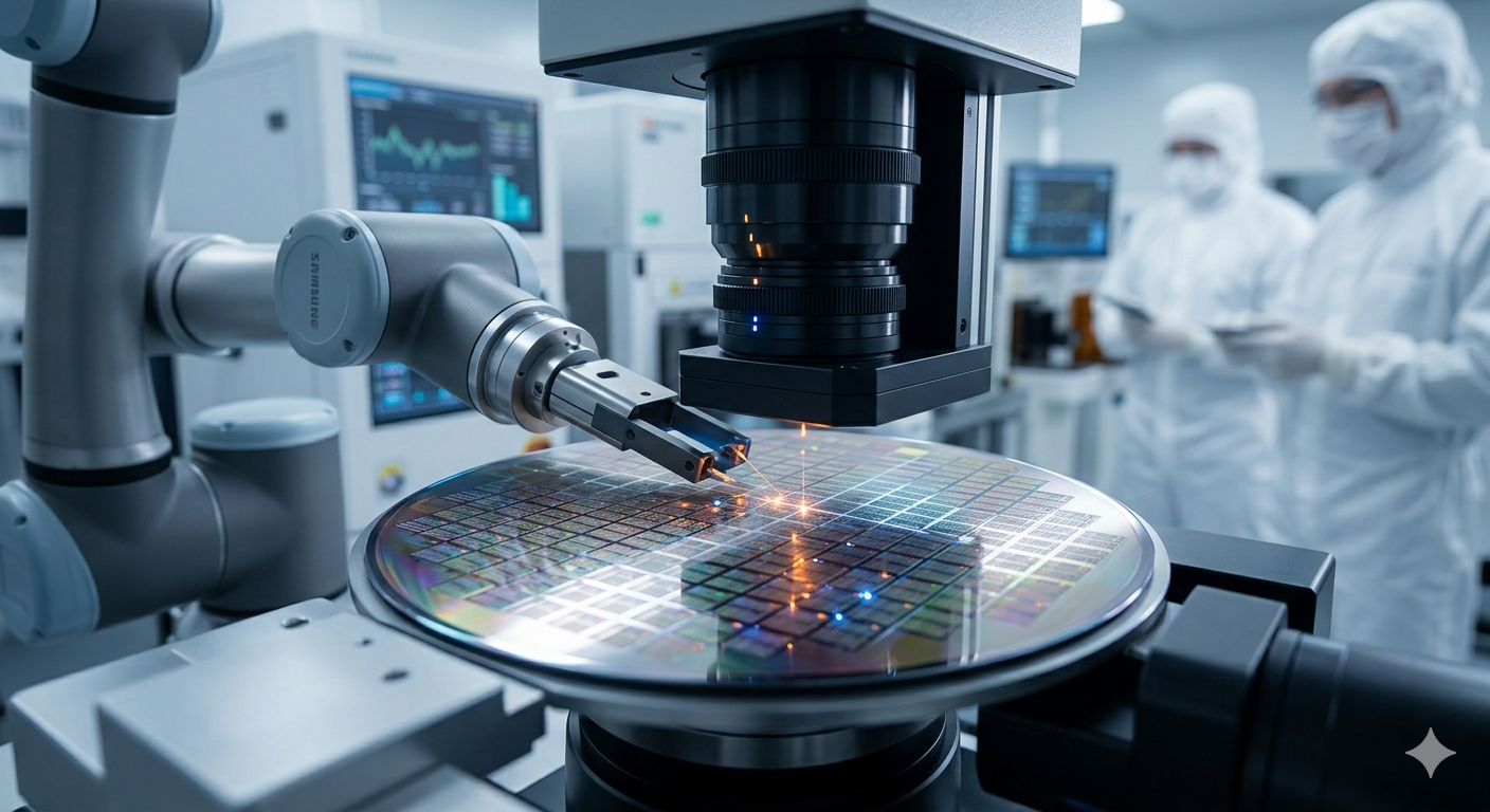반도체 클린룸에서 삼성전자의 최첨단 2나노 초미세 공정을 통해 미세한 회로 패턴이 새겨진 실리콘 웨이퍼가 정밀 가공 장비에 의해 처리되고 있는 클로즈업 사진. (SEO 키워드: 삼성전자, 2나노 공정, 반도체 웨이퍼)