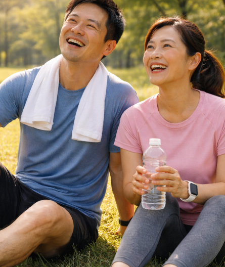 공원에서 운동 후 쉬는 모습을 통해 체력과 감정 안정 관계를 상징