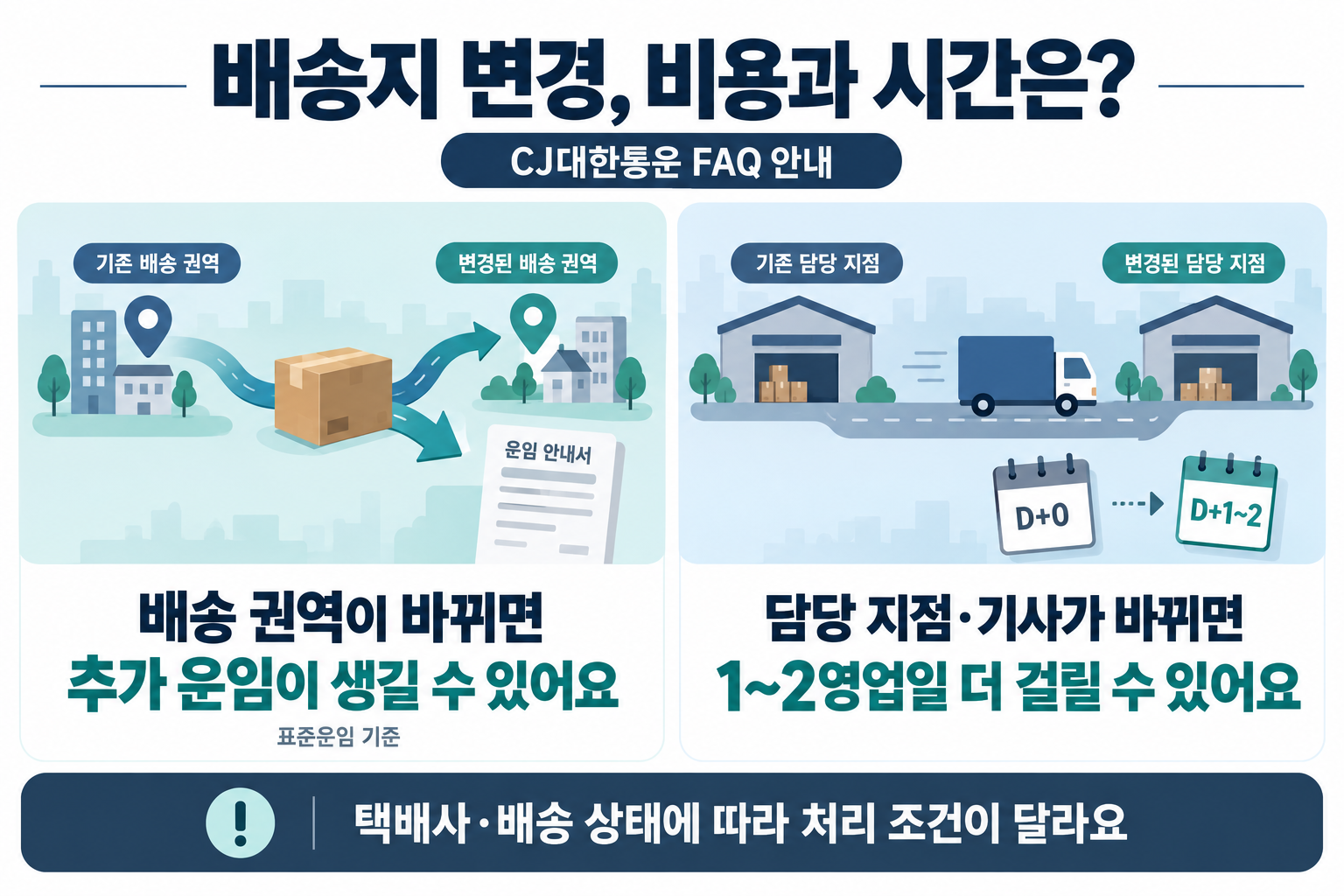 배송 권역 변경 시 추가 운임과 담당 지점 변경 시 추가 소요 기간