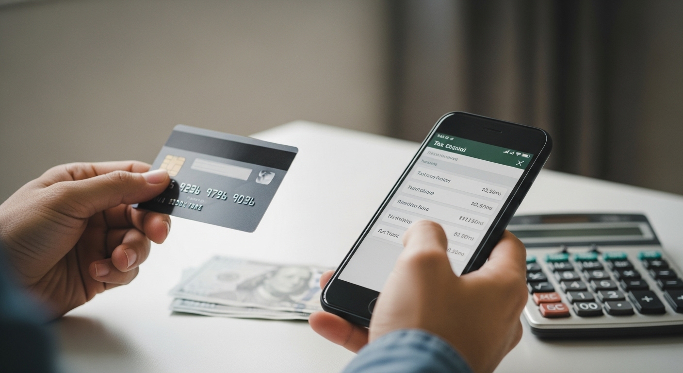 신용카드와 스마트폰을 들고 있는 손, 뒤편으로 계산기와 지폐가 보이는 재정 계획 장면