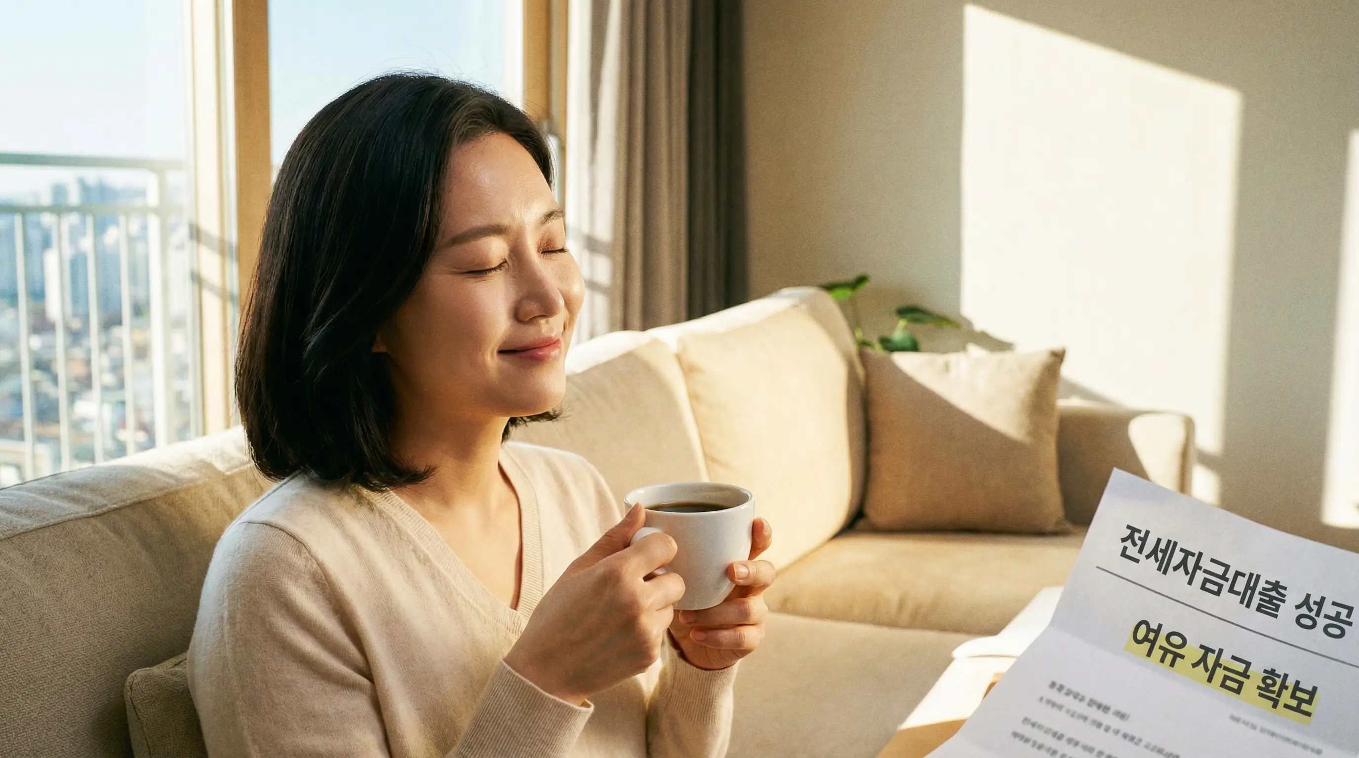 전세 보증금을 담보로 추가 자금을 확보하여 여유를 찾은 세입자의 안도하는 모습
