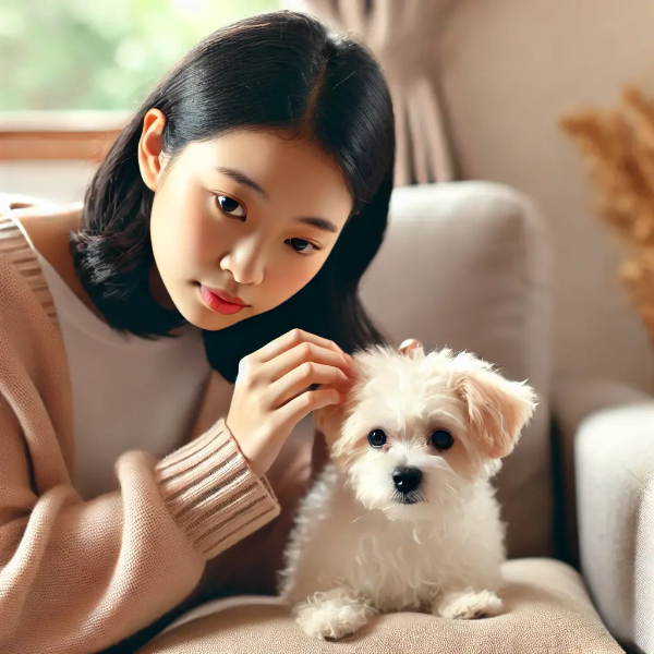 소파에 앉아 반려견의 귀 냄새를 살피듯 귀를 살펴보는 동양인 젊은 여성의 초고해상도 사진