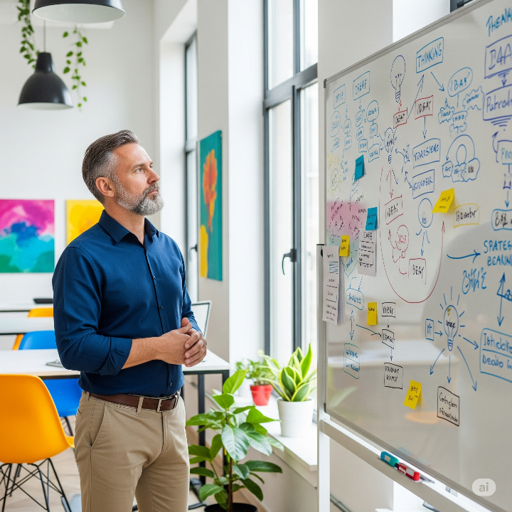 새로운 아이디어를 구상하는 50대 남성 사업가, 열정과 경험을 바탕으로 한 성공적인 창업 준비