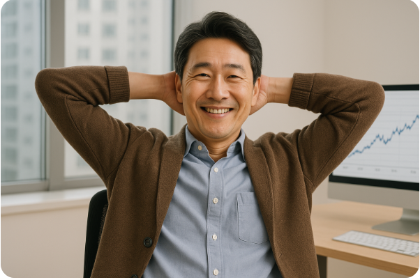 주식 투자로 경제적 자유를 이룬 중년 남자의 여유 있는 모습