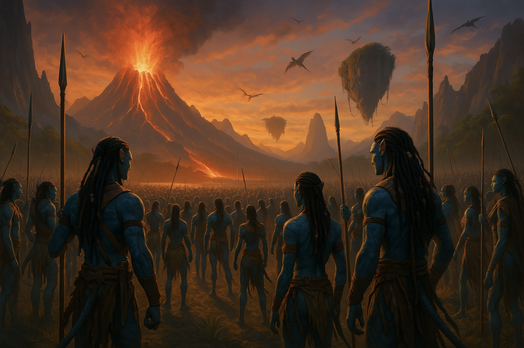 아바타 3 전투를 앞둔 부족이 화산 앞에 서있는 모습