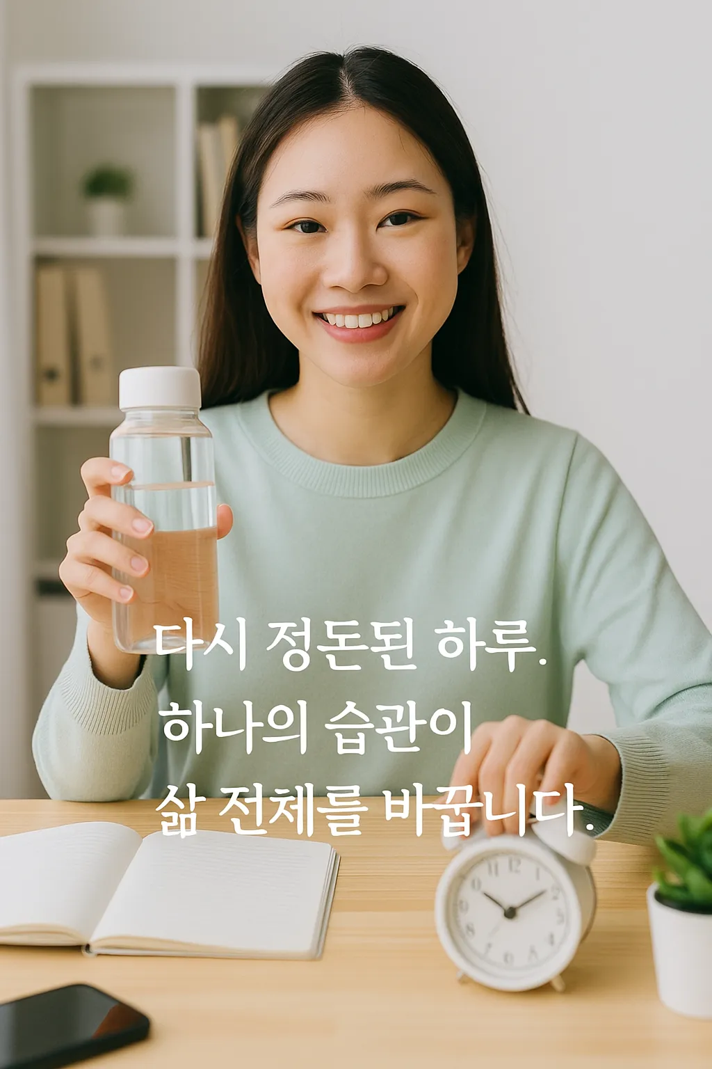 정돈된 책상 앞, 건강한 루틴을 실천하는 여성의 모습