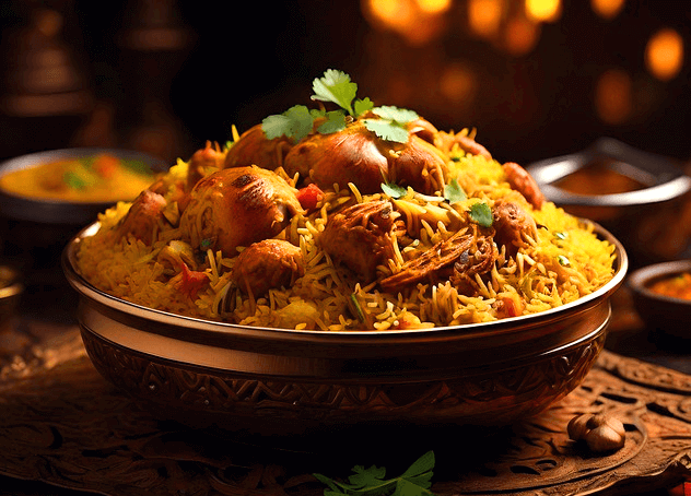 둥그런 갈색 그릇에 강황가루로 지은 노란 쌀밥이 가득하고 밥 위에는 고기들이 가득 올려졌다.