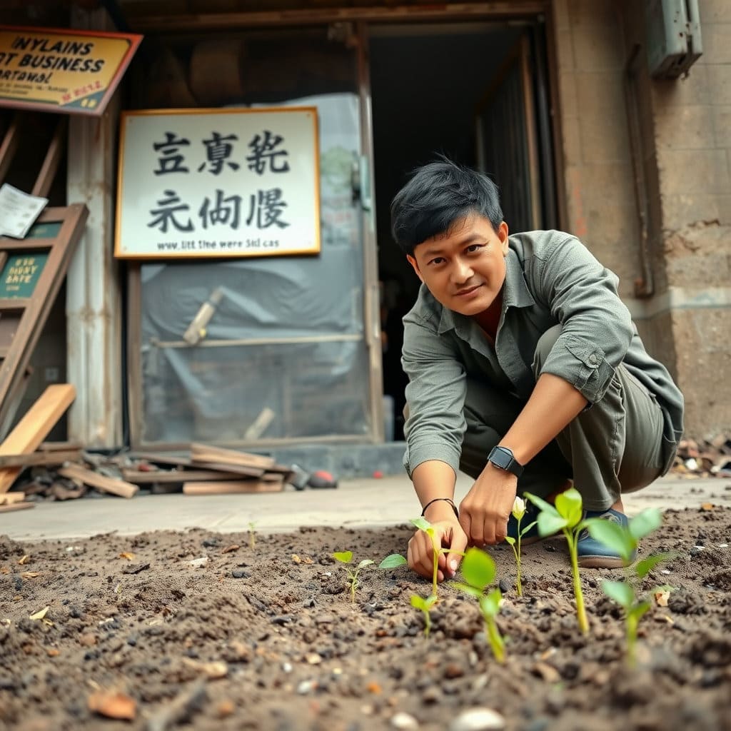 쓰러져 있는 작은 가게 앞에서 새로운 씨앗을 심거나 새싹을 키우는 사람의 모습. '재도약', '다시 시작'의 의미를 담습니다. 배경에 '희망리턴패키지' 로고나 관련 이미지를 작게 배치할 수 있습니다.