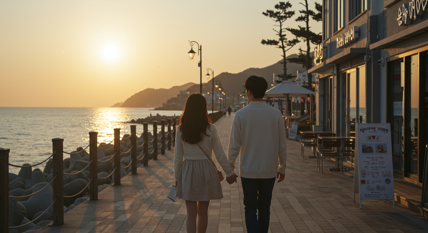 강릉 안목해변 카페거리에서 노을 진 바다를 걷는 한국인 커플.