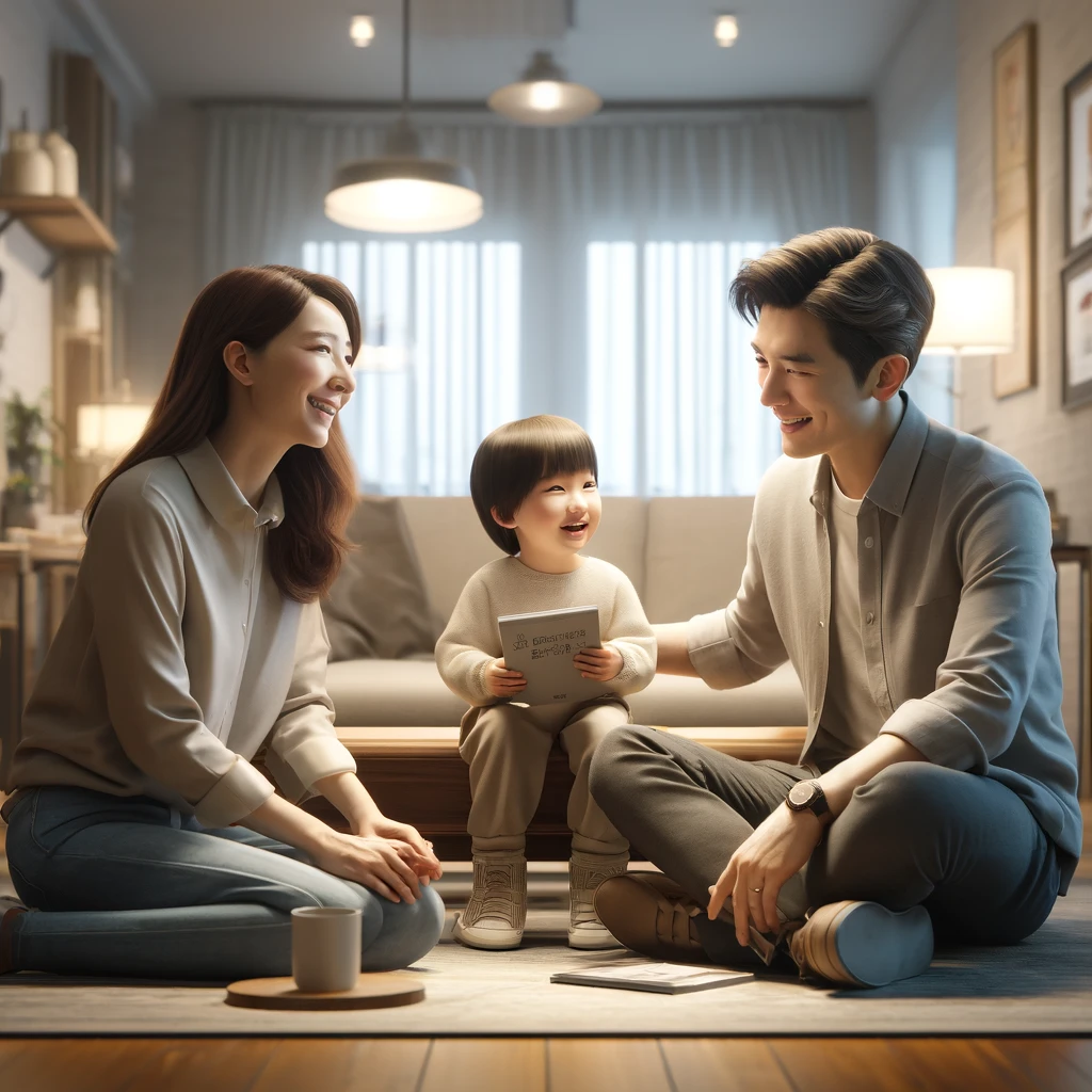 친절한 말 한마디의 중요성을 가르치는 따뜻한 장면을 묘사합니다. 부모와 아이의 대화가 아늑한 거실에서 이루어지며, 사랑과 배려의 메시지가 담겨 있습니다.