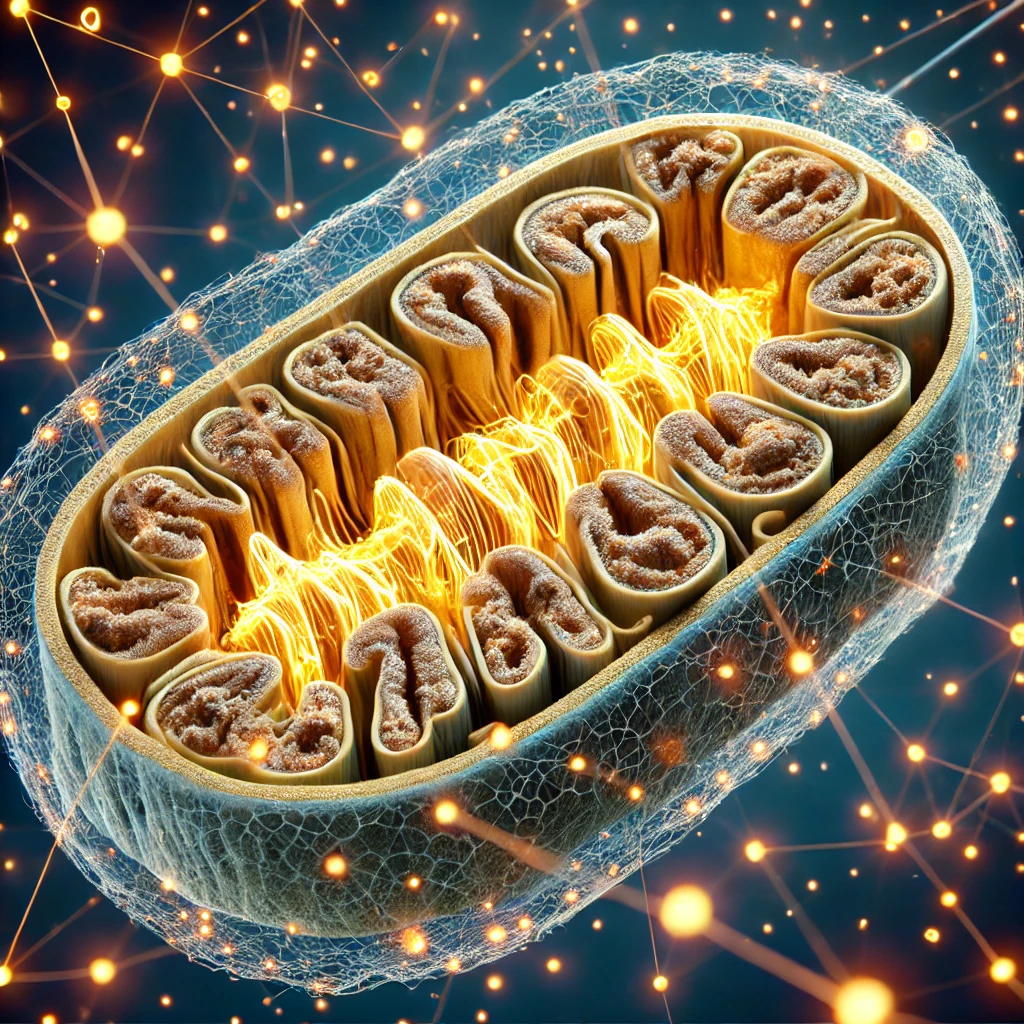 미토콘드리아 내부를 단면으로 보여주는 하이퍼리얼리즘 3D 렌더링, 안쪽막의 주름(크리스타)에 달린 전자전달계가 빛나는 노란빛 에너지 스파크를 내뿜으며 ATP가 생성되는 순간