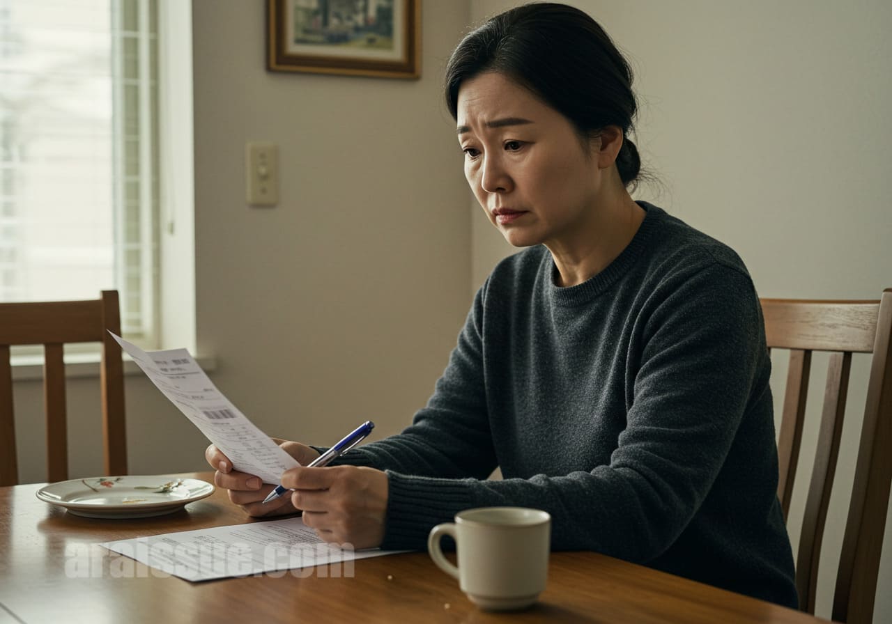 식탁 위 병원비 고지서와 달력을 바라보며 걱정스러운 표정을 짓는 한국인 여성의 모습이 클로즈업됩니다. 의료비 부담감을 표현합니다.