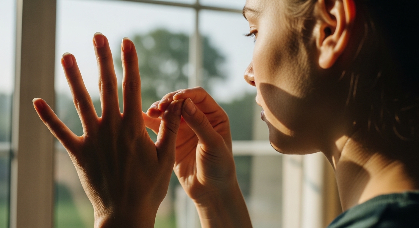 자연광 아래에서 손톱 상태를 확인하는 사람의 모습