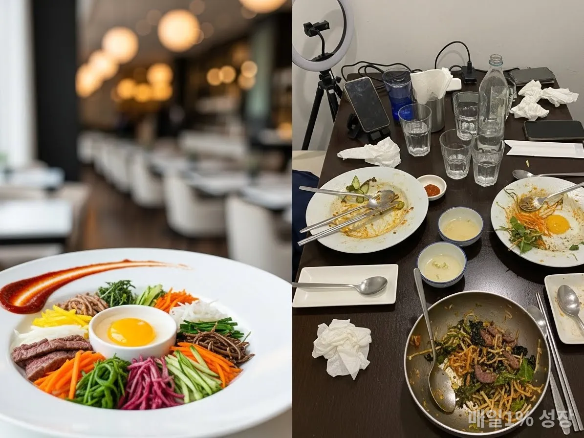 SNS상의 화려한 연출 사진과 지저분한 현실을 대비하여 보여주는 비교 이미지