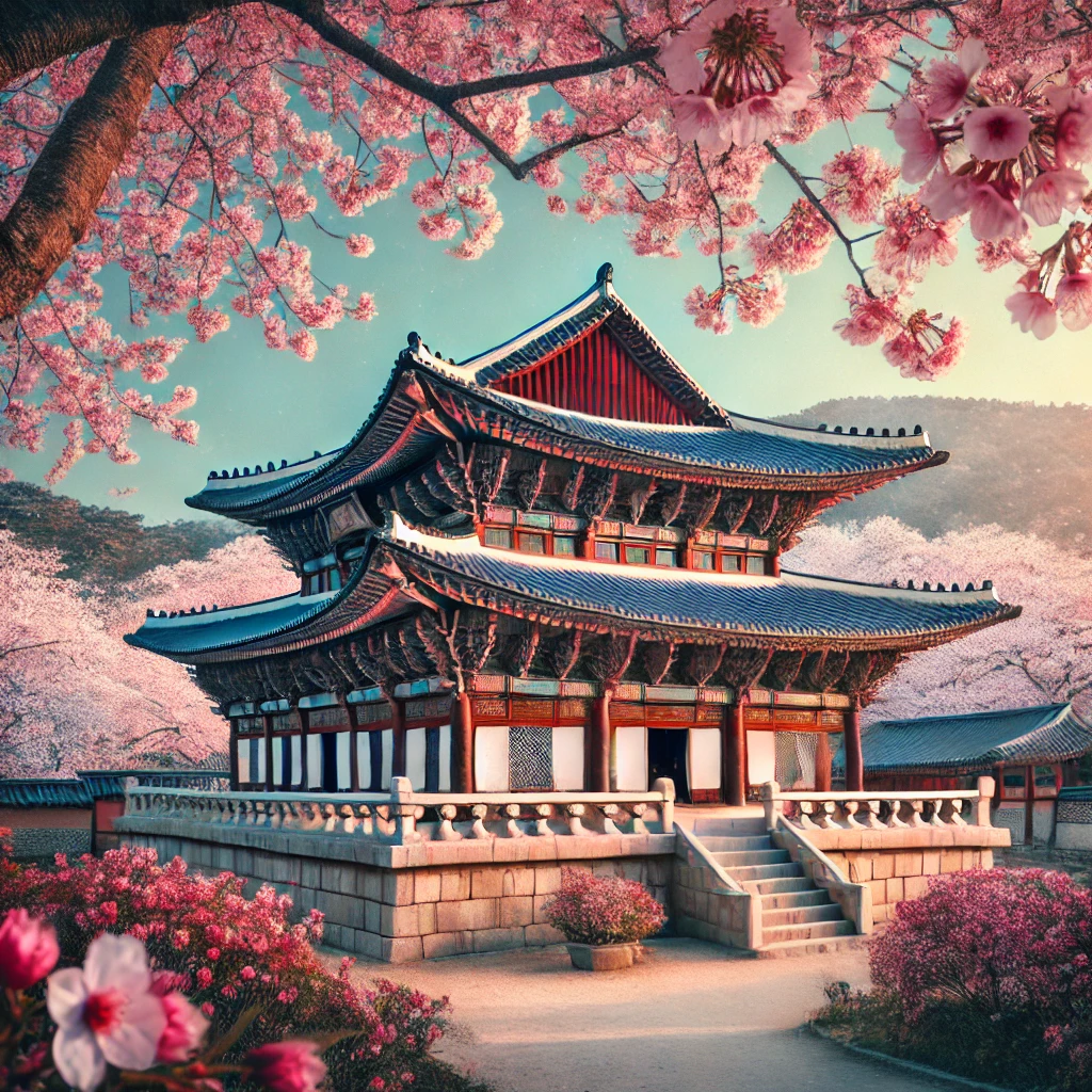 벚꽃이 피어있는 한국의 경주 불국사