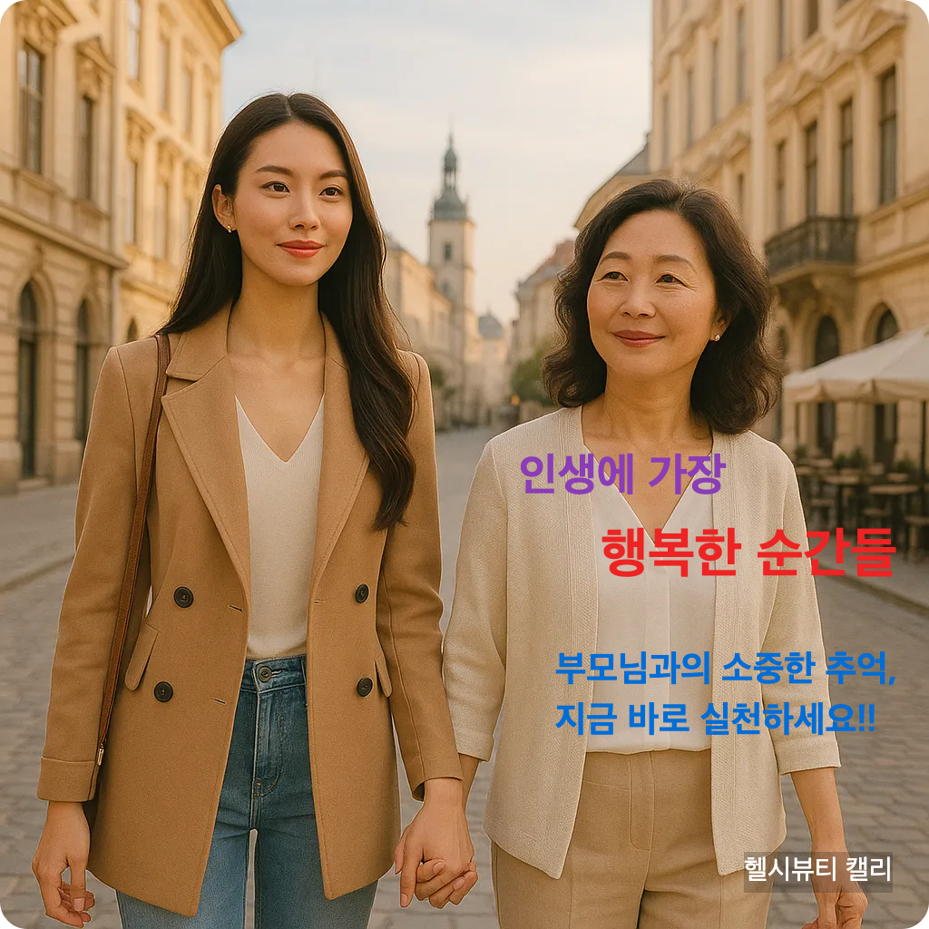 유럽 고성 앞을 걸으며 손을 맞잡고 있는 20대 딸과 70대 어머니의 환한 모습, 따스한 저녁 햇살이 감도는 장면