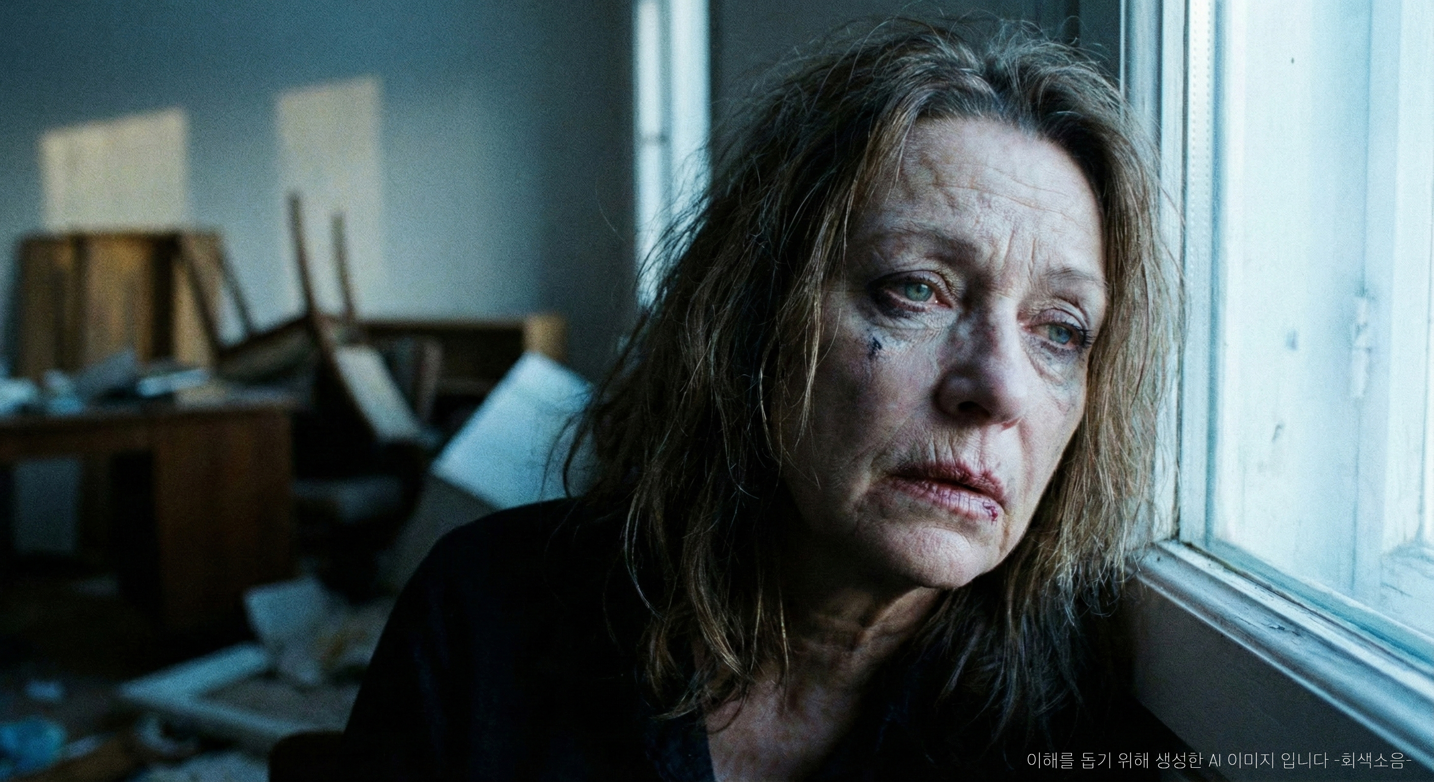 새벽의 폭로 : 새벽빛이 창가에 앉은 여성의 지친 얼굴을 차갑게 가르며 번진 화장과 주름, 공허한 표정을 적나라하게 드러내는 거친 클로즈업 장면.