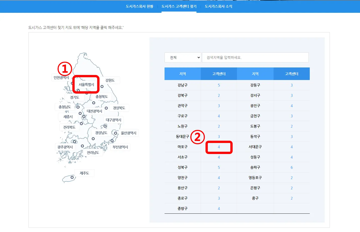 한국도시가스협회-지역선택