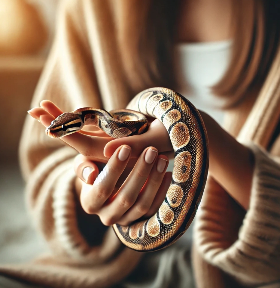 반려뱀을 조심스럽게 핸들링 하는 모습